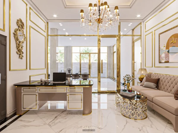 Phòng làm việc sang trọng với nội thất vàng và trắng tinh tế.