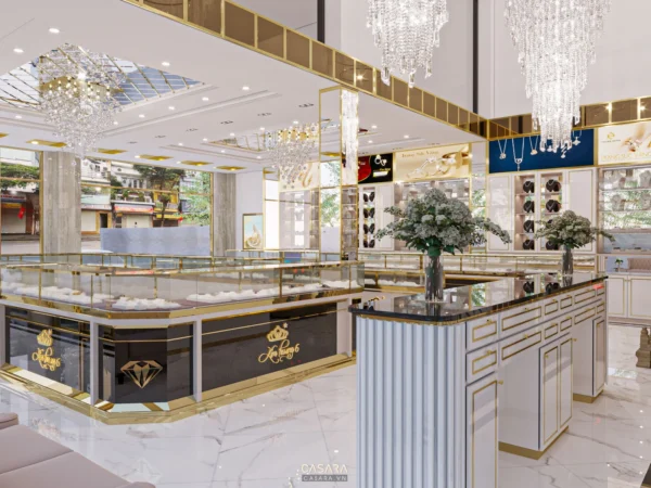 Nội thất cửa hàng trang sức sang trọng, hiện đại với ánh đèn lấp lánh.