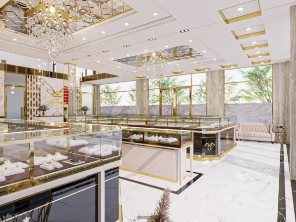 Nội thất cửa hàng trang sức sang trọng, ánh sáng vàng nổi bật.