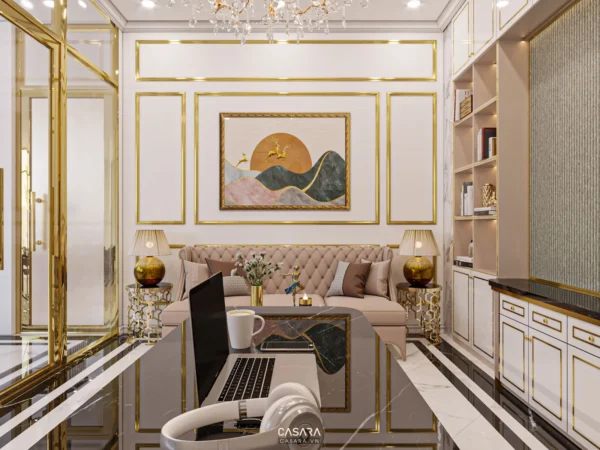 Phòng làm việc sang trọng với nội thất tông màu kem và vàng.