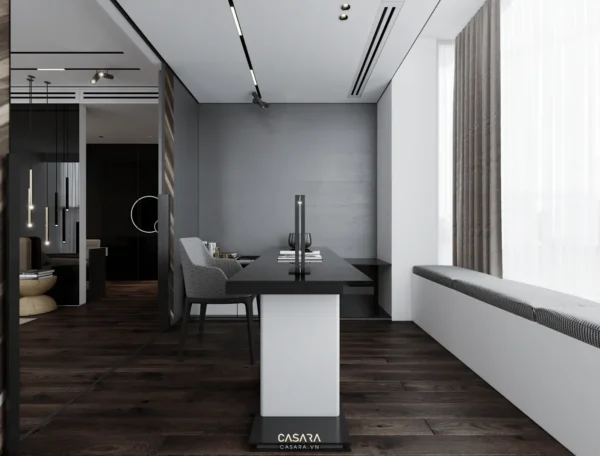 Phòng làm việc tối giản, hiện đại với tông màu xám chủ đạo.