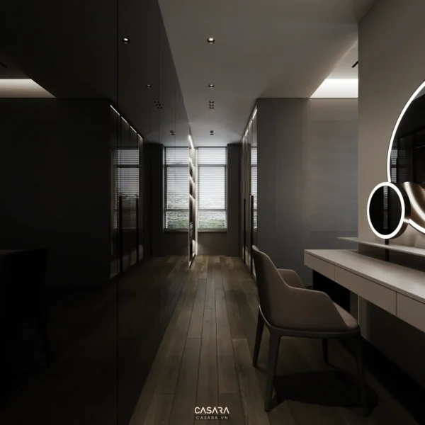 Nội thất phòng ngủ tối giản, hiện đại với tông đen chủ đạo.