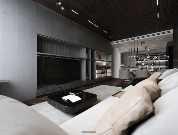 Phòng khách hiện đại, sang trọng với tông màu xám chủ đạo và nội thất tối giản.