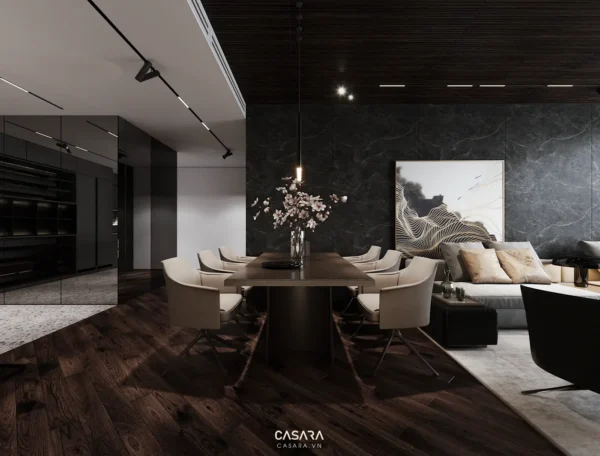 Phòng ăn và phòng khách hiện đại, sang trọng với tông màu tối chủ đạo.