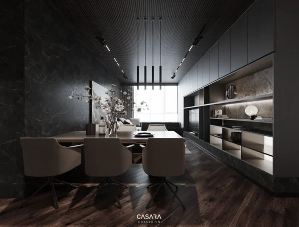 Phòng ăn tối giản, sang trọng với tông màu đen và gỗ ấm áp.