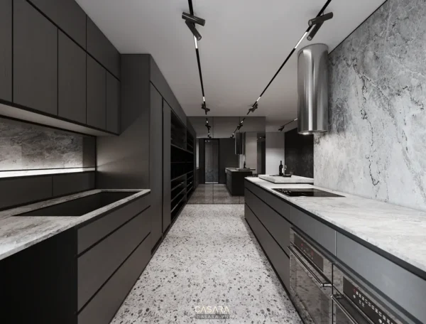 Phòng bếp hiện đại, sang trọng với tông màu xám chủ đạo.