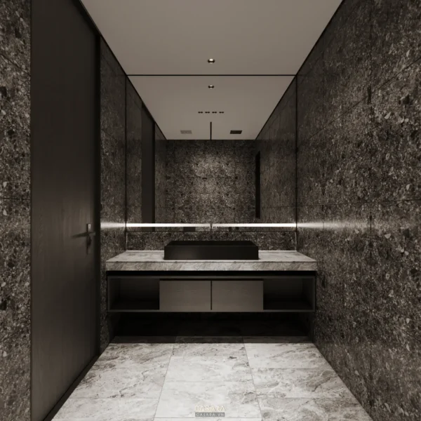 Phòng tắm hiện đại, sang trọng với đá marble và ánh sáng tinh tế.