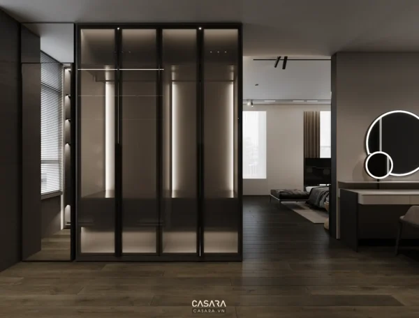 Nội thất phòng ngủ hiện đại, tối giản với tủ quần áo kính đen sang trọng.
