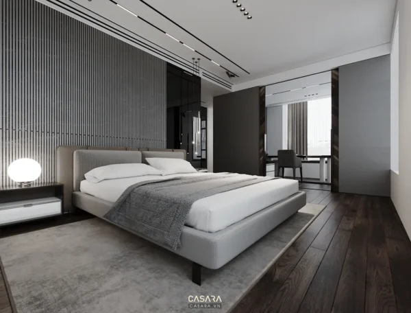 Phòng ngủ hiện đại, sang trọng với tông màu xám chủ đạo.