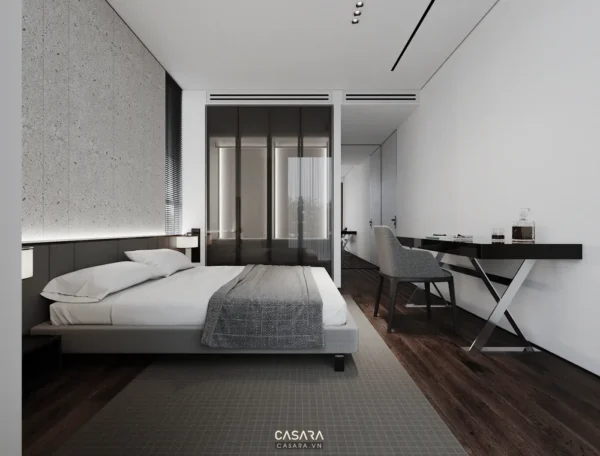 Phòng ngủ hiện đại tối giản với tông màu trung tính, ánh sáng dịu nhẹ.