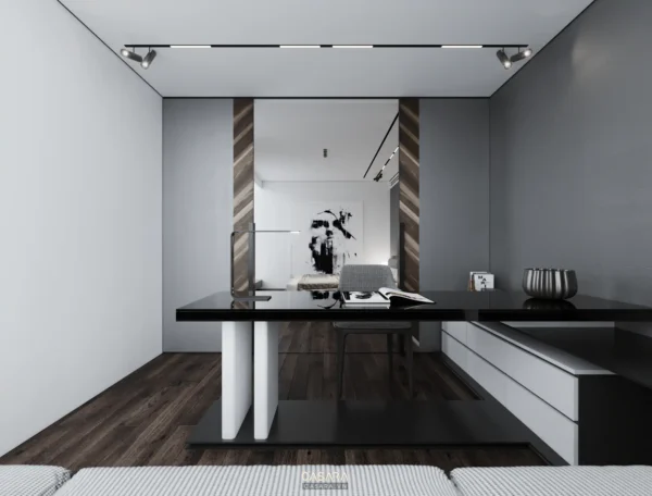 Phòng làm việc tối giản, hiện đại với tông màu trung tính sang trọng.