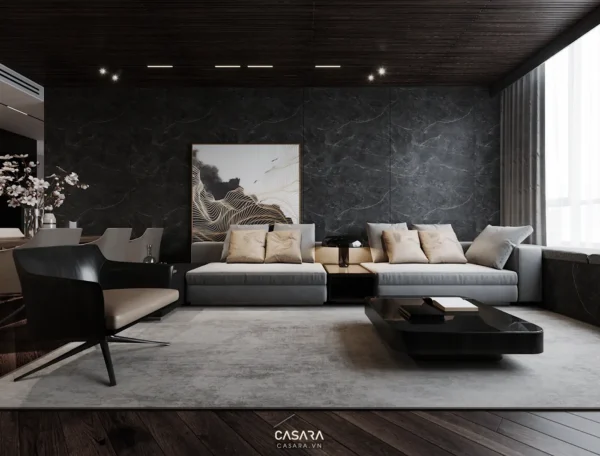 Phòng khách hiện đại, sang trọng với gam màu tối chủ đạo.