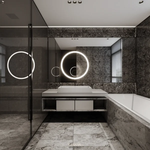 Phòng tắm hiện đại, sang trọng với tông màu xám chủ đạo và ánh sáng trắng.