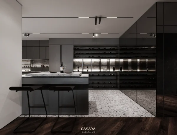 Phòng bếp tối giản, hiện đại với đảo bếp và kệ rượu sang trọng.