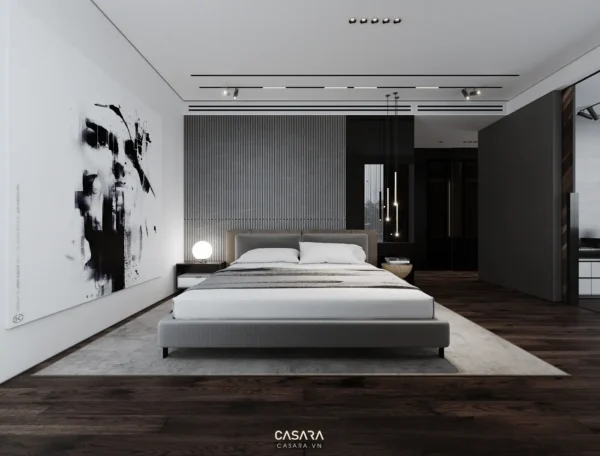 Phòng ngủ hiện đại tối giản với tông màu xám chủ đạo, sang trọng.