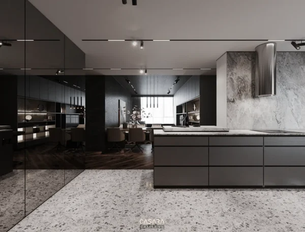 Không gian bếp và phòng ăn hiện đại, sang trọng với tông màu tối chủ đạo.