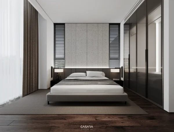 Phòng ngủ hiện đại tối giản với tông màu trung tính ấm cúng.