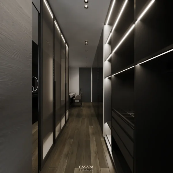 Hành lang tủ quần áo hiện đại, sang trọng với ánh sáng tinh tế.