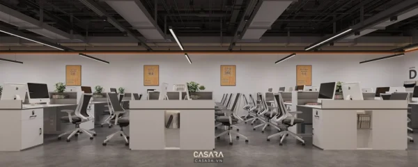 Văn phòng làm việc hiện đại, thoáng đãng với nhiều máy tính.