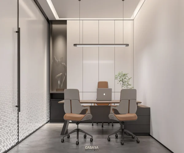 Văn phòng làm việc hiện đại, tối giản với tông màu trung tính.