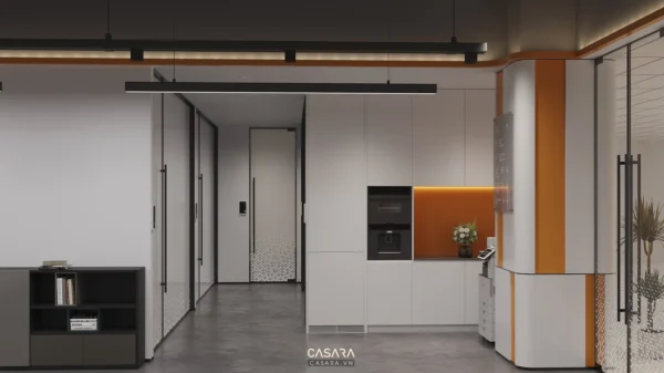 Nội thất phòng bếp hiện đại, tối giản với tông trắng cam nổi bật.