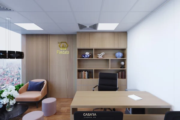 Phòng làm việc hiện đại, sang trọng với nội thất gỗ ấm áp.