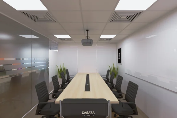 Phòng họp hiện đại, sáng sủa với bàn dài và ghế đen.