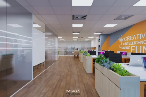 Văn phòng hiện đại với không gian mở, thiết kế sáng sủa và chuyên nghiệp.