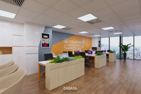 Văn phòng hiện đại, tươi sáng với view thành phố và thiết kế mở.