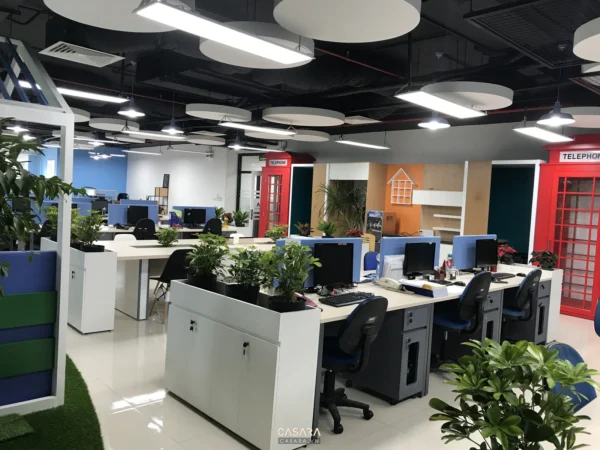 Văn phòng làm việc hiện đại, thoáng đãng với nhiều cây xanh.