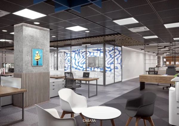 Văn phòng hiện đại với thiết kế mở, sử dụng tông màu sáng và họa tiết độc đáo.