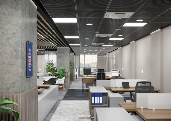 Nội thất văn phòng hiện đại, thoáng đãng với tông màu sáng chủ đạo.