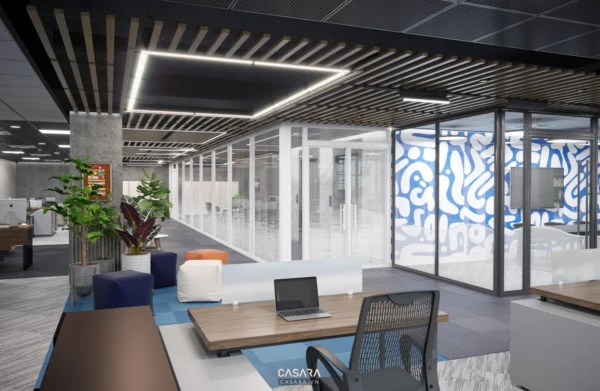 Không gian văn phòng hiện đại với thiết kế mở, sáng sủa và trẻ trung.