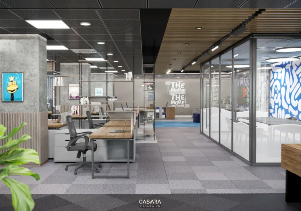Văn phòng làm việc hiện đại, sáng sủa với thiết kế mở và nội thất tối giản.