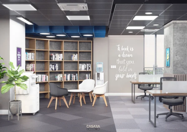 Góc đọc sách hiện đại, thoáng đãng với kệ sách và nội thất đơn giản.