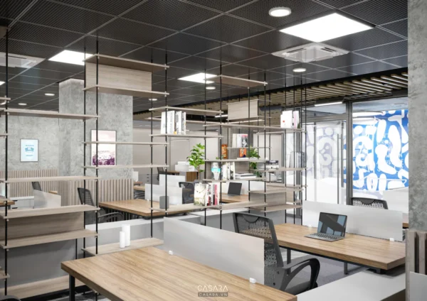 Văn phòng làm việc hiện đại, thiết kế mở với kệ sách độc đáo.