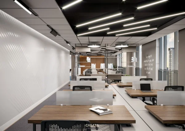 Văn phòng hiện đại, thoáng đãng với thiết kế tối giản, ánh sáng trắng.