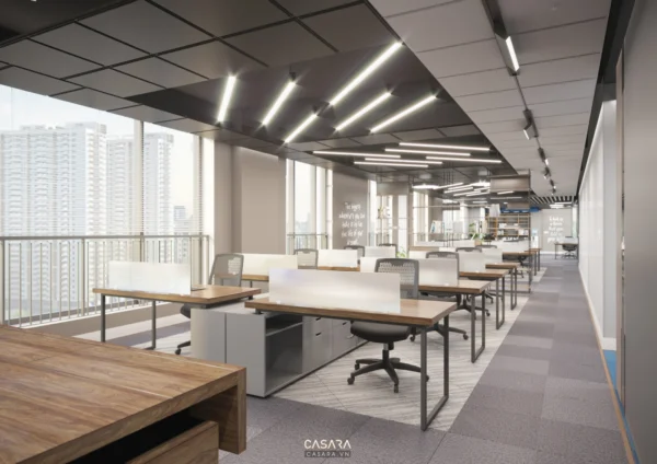 Văn phòng hiện đại, thoáng đãng với nội thất gỗ và ánh sáng trắng.