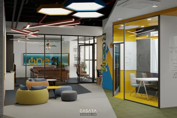 Không gian văn phòng hiện đại với thiết kế sáng tạo, năng động.