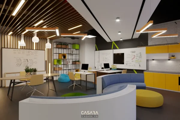 Không gian làm việc mở sáng tạo với thiết kế hiện đại, trẻ trung.