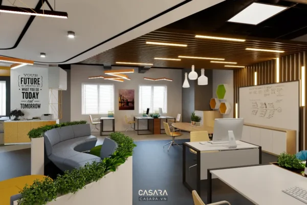 Văn phòng làm việc hiện đại, năng động với thiết kế sáng tạo.