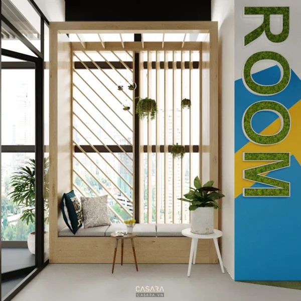 Góc thư giãn trong phòng với vách gỗ và cây xanh mát.