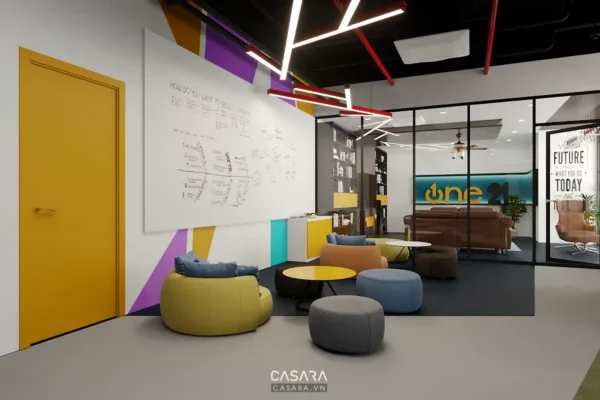 Không gian làm việc mở hiện đại, năng động với tông màu sáng nổi bật.