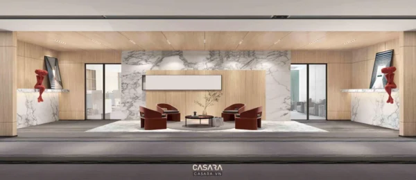 Sảnh đón tiếp sang trọng với nội thất hiện đại, tông màu ấm áp.