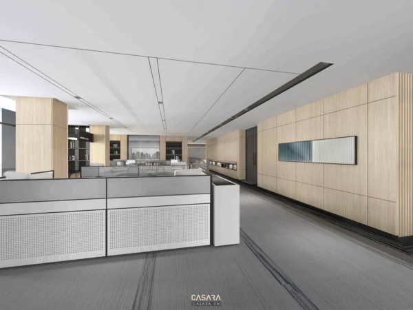 Quầy lễ tân hiện đại, sang trọng với thiết kế nội thất tối giản.