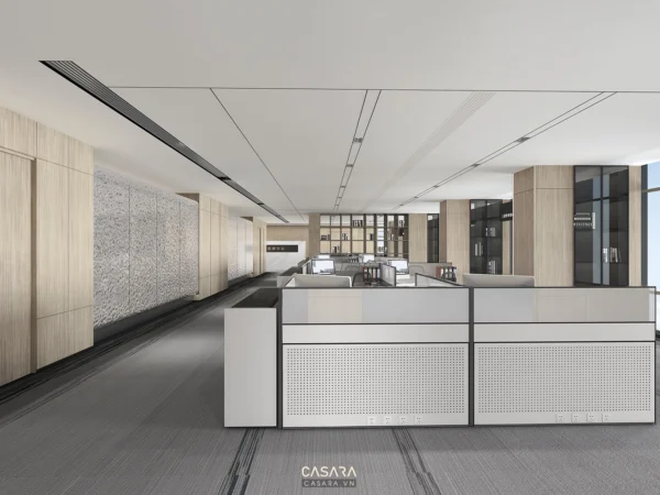 Văn phòng hiện đại với thiết kế tối giản, ánh sáng tự nhiên.