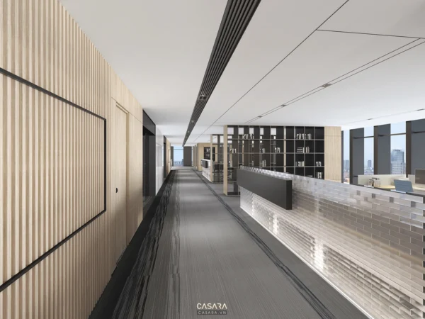 Hành lang văn phòng hiện đại với thiết kế tối giản, ánh sáng tự nhiên.