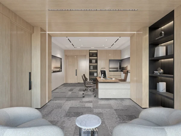 Phòng làm việc hiện đại, sang trọng với tông màu gỗ chủ đạo.