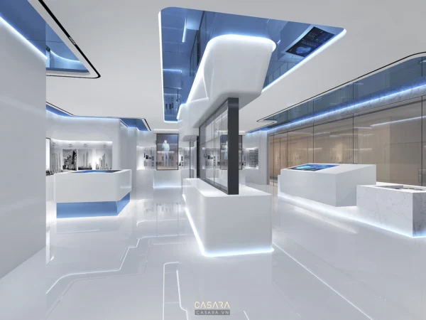 Nội thất trắng tinh khuyết, ánh sáng xanh tạo không gian hiện đại.