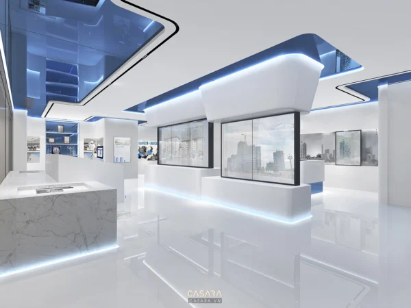 Nội thất văn phòng hiện đại với tông màu trắng và xanh lam chủ đạo.